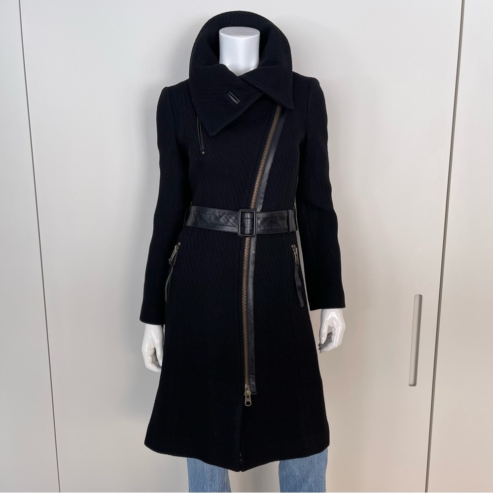 MACKAGE Funnel Neck Asymmetrical Zip Belted Wool Coat in Black